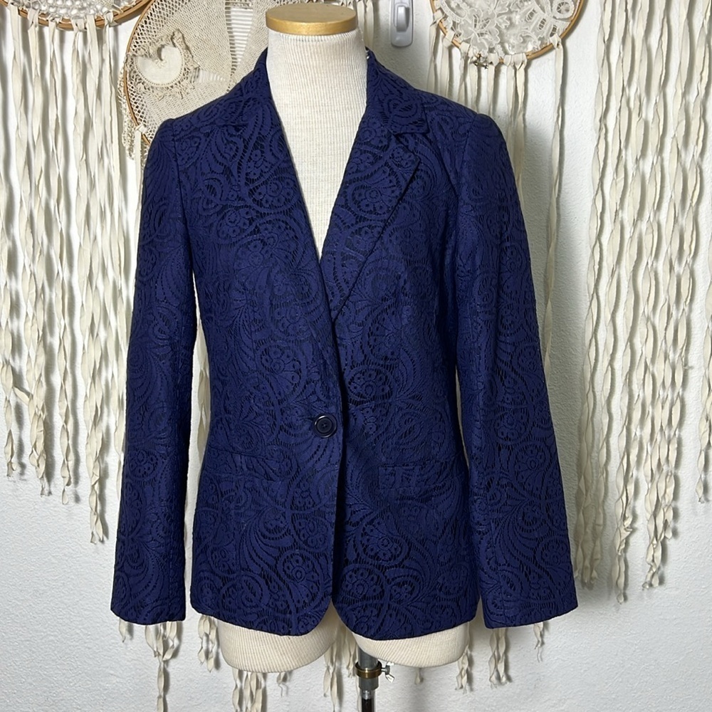 Trina Turk Blue Lace Single Button Closure Blazer Size 2